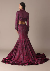 Wine Opulent Fish Cut Lehenga And Embellished Jacket Duo