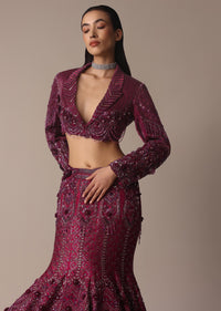 Wine Opulent Fish Cut Lehenga And Embellished Jacket Duo