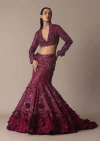 Wine Opulent Fish Cut Lehenga And Embellished Jacket Duo