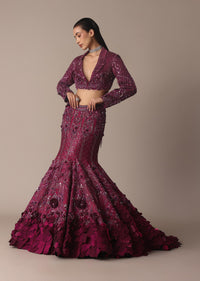 Wine Opulent Fish Cut Lehenga And Embellished Jacket Duo