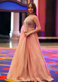 Jannat Zubair In Kalki Powder Peach Lehenga Choli With Hand Embroidery Using Turquoise And Pink Sequins Work