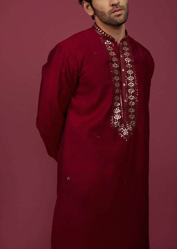 Blood Red Silk Kurta Set In Leather Work On Yoke