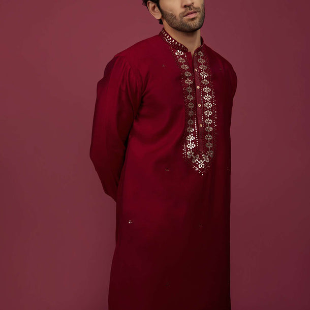 Blood Red Silk Kurta Set In Leather Work On Yoke