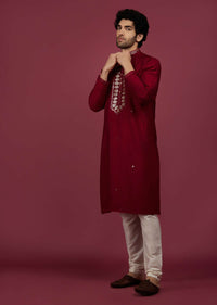 Blood Red Silk Kurta Set In Leather Work On Yoke