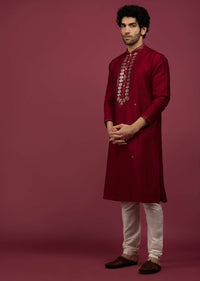 Blood Red Silk Kurta Set In Leather Work On Yoke