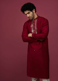 Blood Red Silk Kurta Set In Leather Work On Yoke