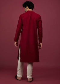 Blood Red Silk Kurta Set In Leather Work On Yoke