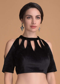 Jet Black Blouse In Velvet With Cut Out On The Neckline