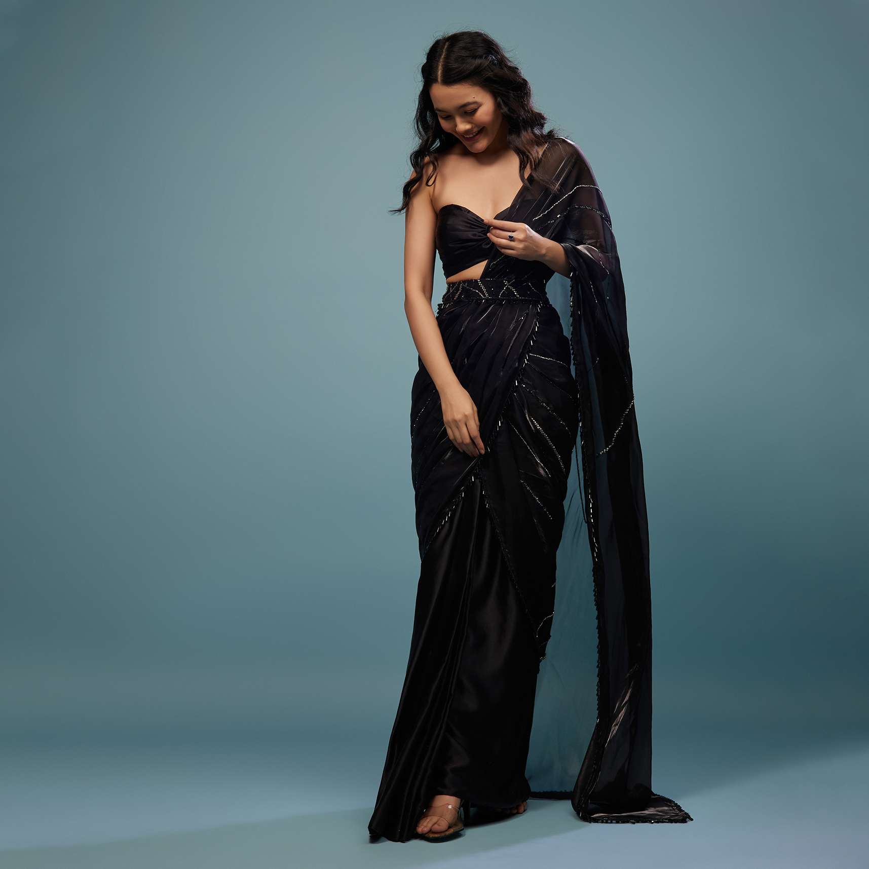 Jet Black Embroidered Ready-Pleated Organza Saree