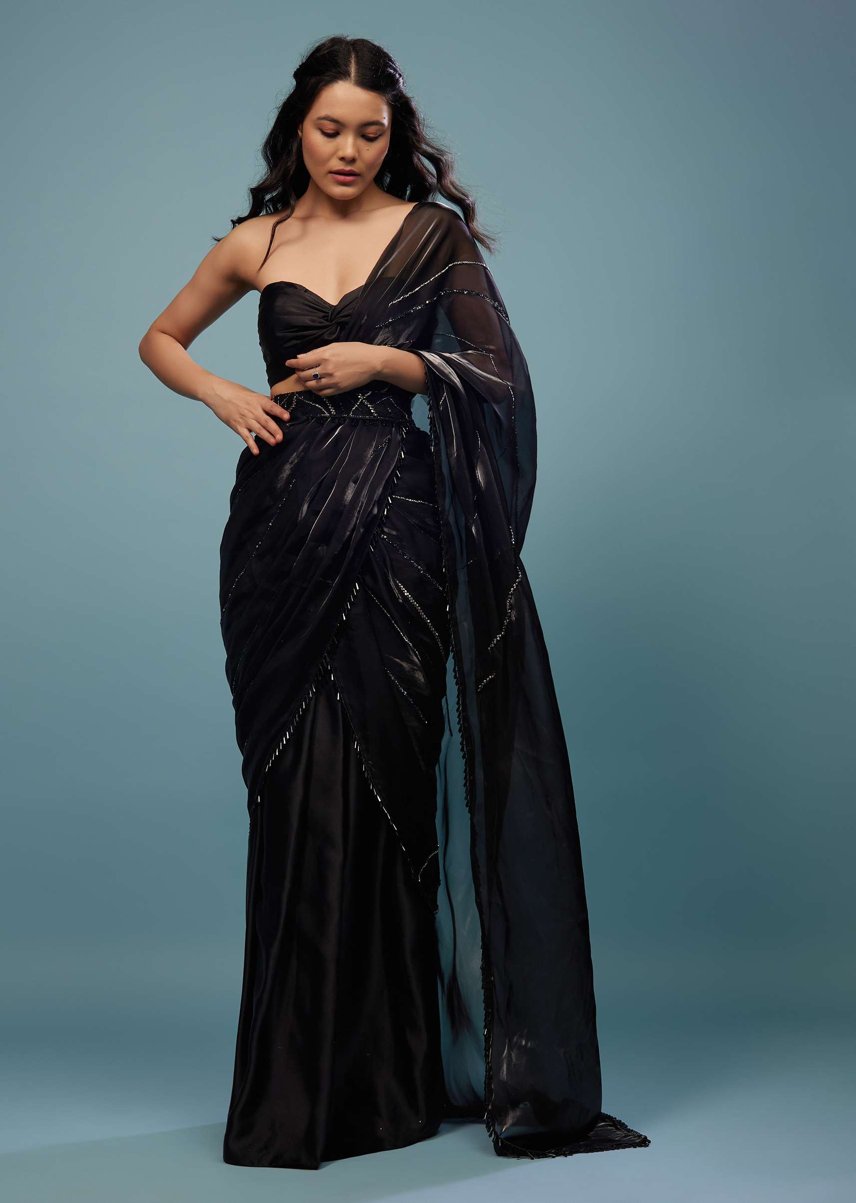 Jet Black Embroidered Ready-Pleated Organza Saree