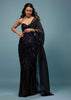 Jet Black Embroidered Ready-Pleated Organza Saree