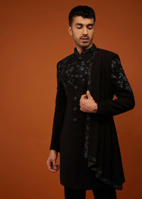 Jet Black Indo-Western Sherwani Set Embroidered In Imported Suiting Fabric