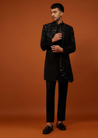 Jet Black Indo-Western Sherwani Set Embroidered In Imported Suiting Fabric