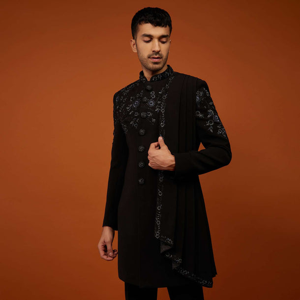 Jet Black Indo-Western Sherwani Set Embroidered In Imported Suiting Fabric