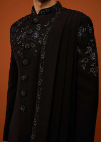 Jet Black Indo-Western Sherwani Set Embroidered In Imported Suiting Fabric