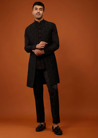 Jet Black Sherwani Set Embroidered In Imported Suiting Fabric