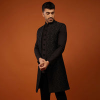 Jet Black Sherwani Set Embroidered In Imported Suiting Fabric