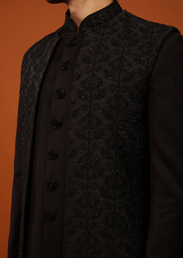 Jet Black Sherwani Set Embroidered In Imported Suiting Fabric