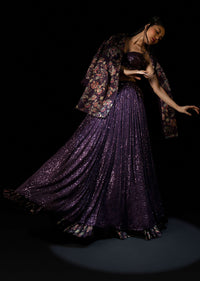 Jewel Purple Lehenga Choli Embellished In Sequins With A Floral Printed Blazer Jacket And Printed Frill On The Lehenga Hemline Online - Kalki Fashion