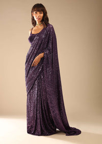 Jewel Purple Ready Pleated Saree Embellished In Sequins With A Strappy Velvet Crop Top Online - Kalki Fashion