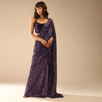 Jewel Purple Ready Pleated Saree Embellished In Sequins With A Strappy Velvet Crop Top Online - Kalki Fashion