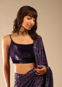 Jewel Purple Ready Pleated Saree Embellished In Sequins With A Strappy Velvet Crop Top Online - Kalki Fashion