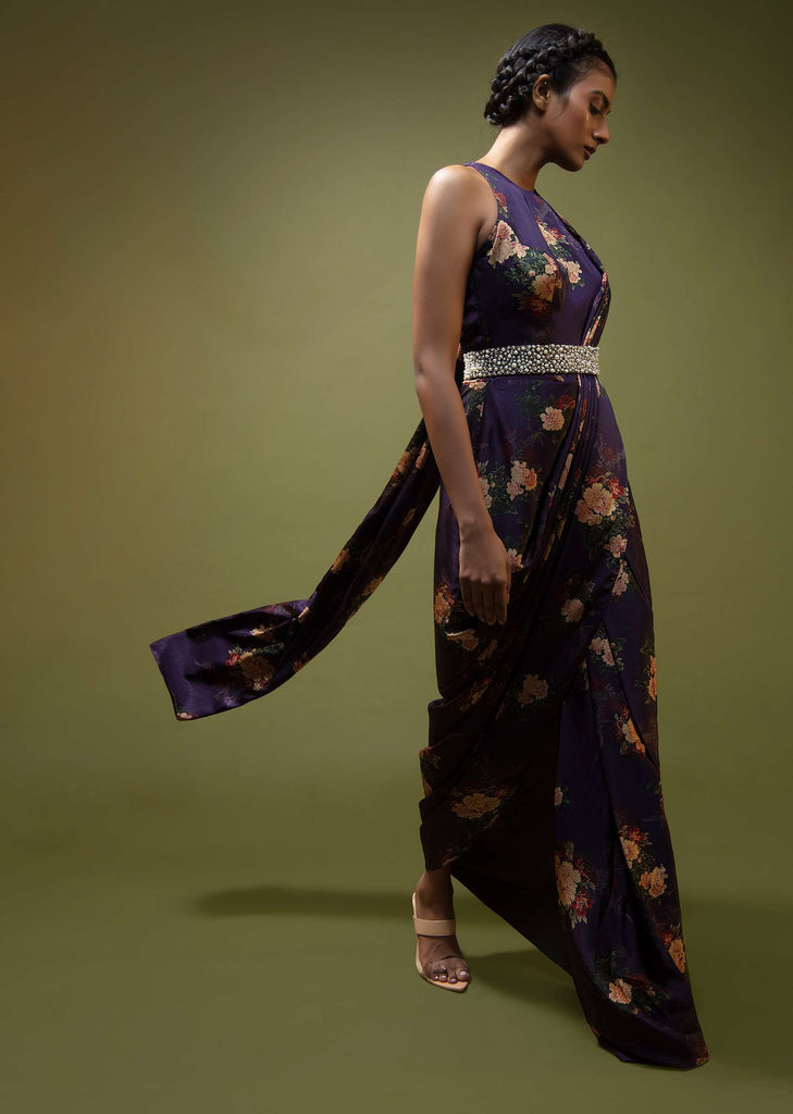 Jewel Purple drape Gown In Floral Printed Satin With A Cowl Draped Pallu And Moti Embroidered Belt