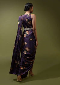 Jewel Purple drape Gown In Floral Printed Satin With A Cowl Draped Pallu And Moti Embroidered Belt