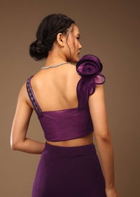 Jewel Purple Ready-Peated Saree With A 3D Flowers Crop Top In Stones And Multi-Colored Embroidery