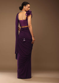 Jewel Purple Ready-Peated Saree With A 3D Flowers Crop Top In Stones And Multi-Colored Embroidery