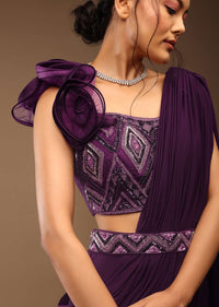 Jewel Purple Ready-Peated Saree With A 3D Flowers Crop Top In Stones And Multi-Colored Embroidery