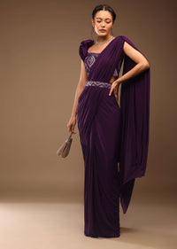 Jewel Purple Ready-Peated Saree With A 3D Flowers Crop Top In Stones And Multi-Colored Embroidery