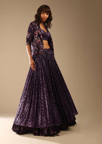 Jewel Purple Lehenga Choli Embellished In Sequins With A Floral Printed Blazer Jacket And Printed Frill On The Lehenga Hemline Online - Kalki Fashion