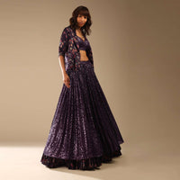 Jewel Purple Lehenga Choli Embellished In Sequins With A Floral Printed Blazer Jacket And Printed Frill On The Lehenga Hemline Online - Kalki Fashion