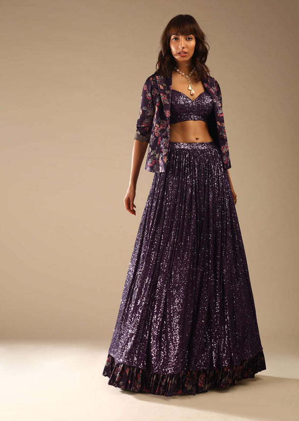 Jewel Purple Lehenga Choli Embellished In Sequins With A Floral Printed Blazer Jacket And Printed Frill On The Lehenga Hemline Online - Kalki Fashion