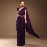 Jewel Purple Ready-Peated Saree With A 3D Flowers Crop Top In Stones And Multi-Colored Embroidery