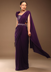 Jewel Purple Ready-Peated Saree With A 3D Flowers Crop Top In Stones And Multi-Colored Embroidery