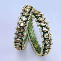 Green And Gold Bangles Adorned In Kundan With Hints Of Green Enamel And Two Pearl Layers On The Edges By Paisley Pop