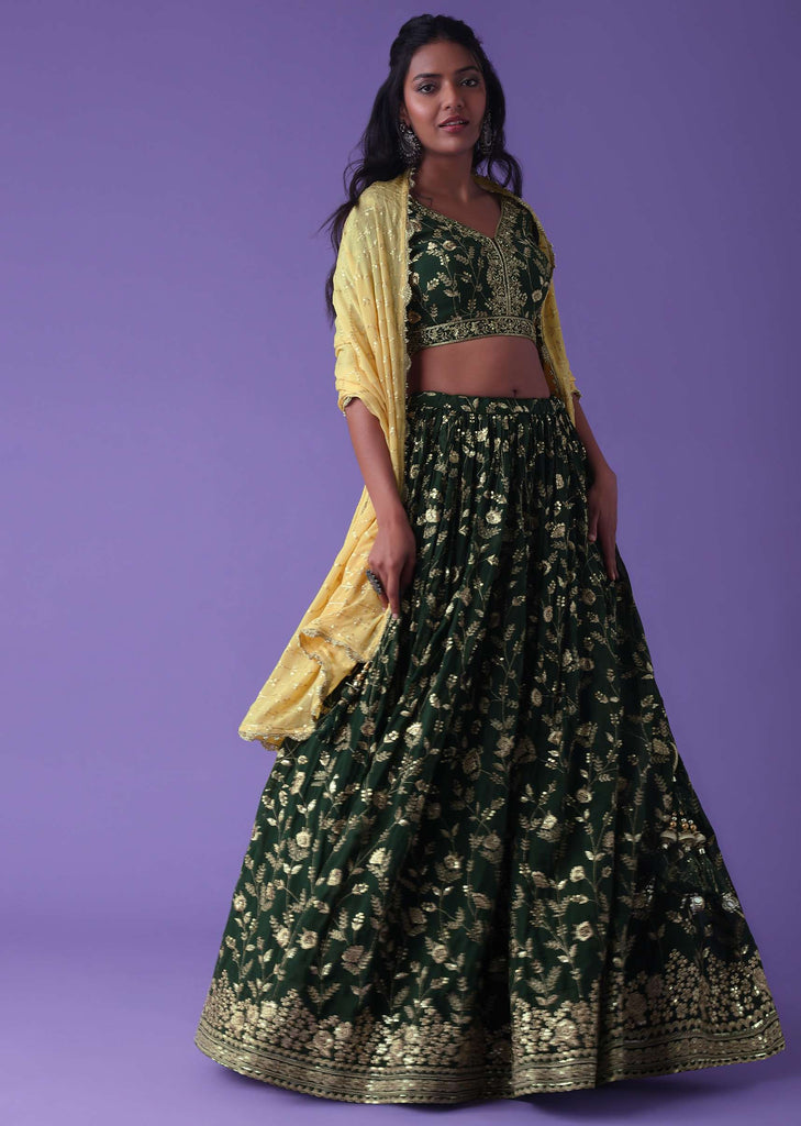 June Bug Green Georgette Lehenga With Zari And Sequins Embroidery