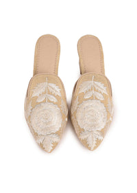 Jute High Collar Mules With Cream Embroidered Flowers And Trapeze Heels By Sole House