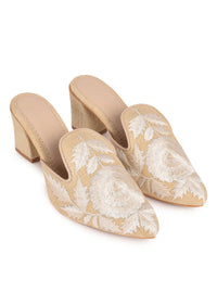 Jute High Collar Mules With Cream Embroidered Flowers And Trapeze Heels By Sole House