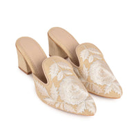Jute High Collar Mules With Cream Embroidered Flowers And Trapeze Heels By Sole House