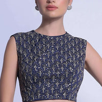 Navy Blue Sleeveless Blouse In Satin Embellished With Beads And Sequins In Scallop Motifs Online - Kalki Fashion