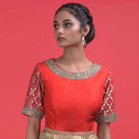 Red Raw Silk Blouse With Weaved And Bandhani Sleeves