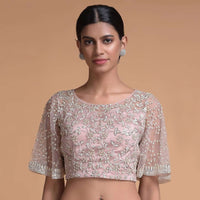 Pink Blouse In Net With Sequins And Cut Dana Embellished Floral Jaal Embroidery