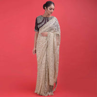 Nude Beige Saree In Floral Lace With Sequins And A Dark Purple Blouse  Online - Kalki Fashion