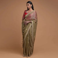 Gold Beige Saree In Tissue Silk With Weaved Floral Buttis And Bandhani Printed Blouse Online - Kalki Fashion