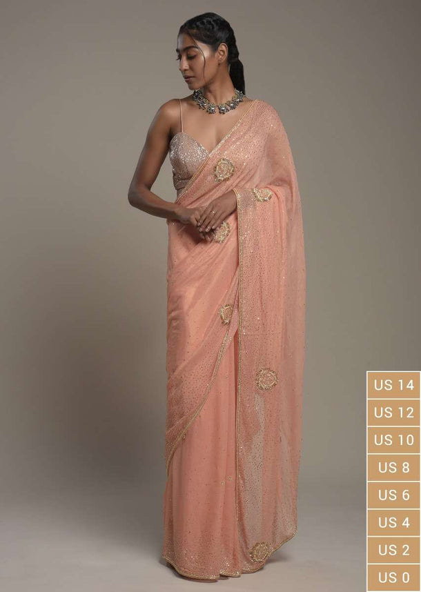 Peach Georgette Saree With Scattered Sequins And Moti Motifs Along With Unstitched Blouse Online - Kalki Fashion