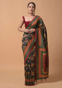 Ash Black Saree In Silk With Printed Patola Motifs In Repeat Pattern Online - Kalki Fashion