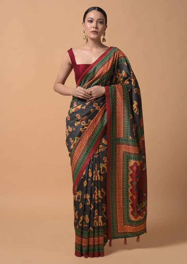 Ash Black Saree In Silk With Printed Patola Motifs In Repeat Pattern Online - Kalki Fashion